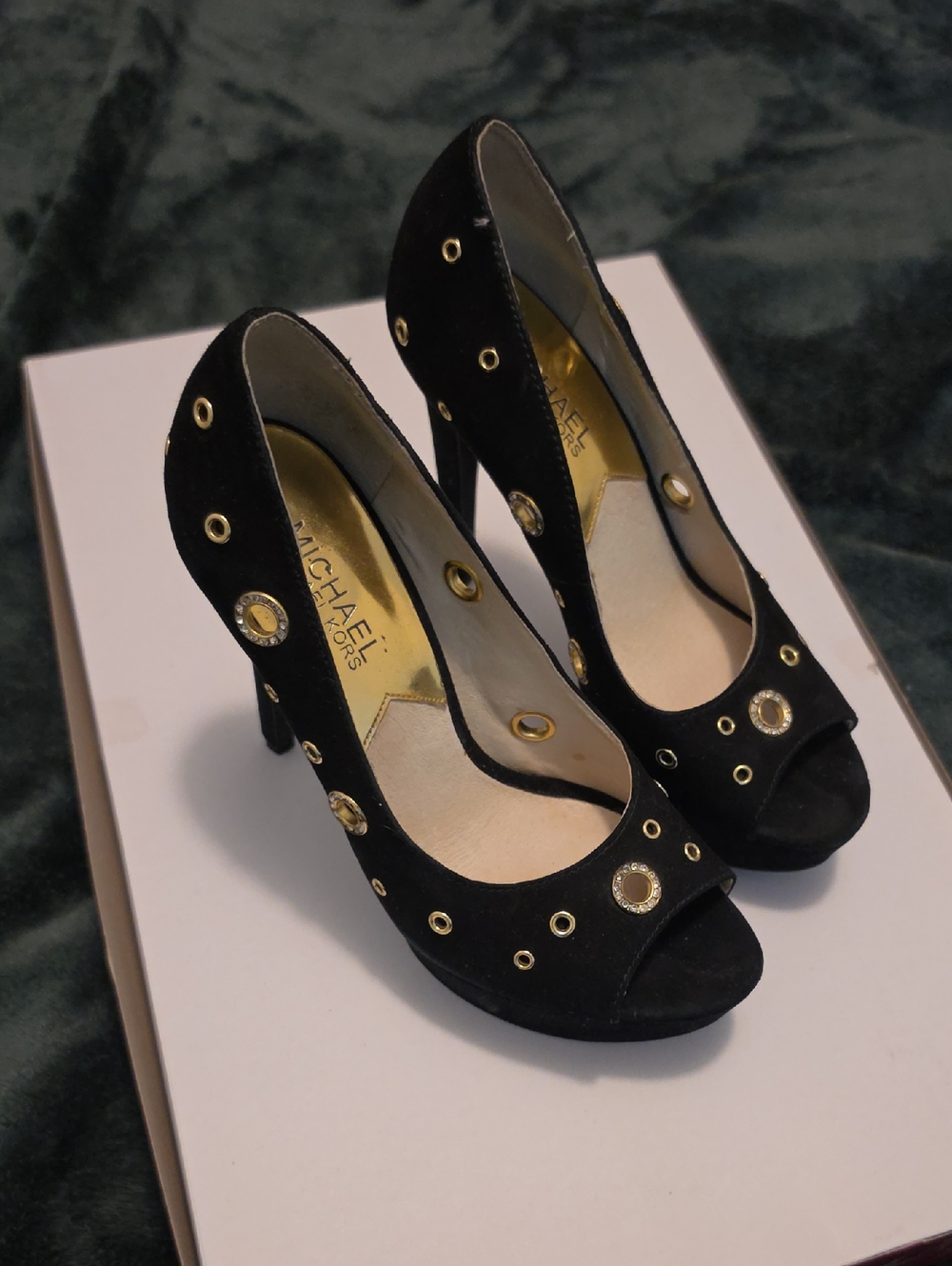 Michael Kors Black Suede Peep-Toe Heels with Gold Grommet Accents - Picture 1 of 5